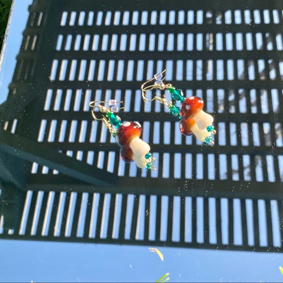 🍄handcrafted blue & brown mushroom earrings🍄 - Picture 1 of 3